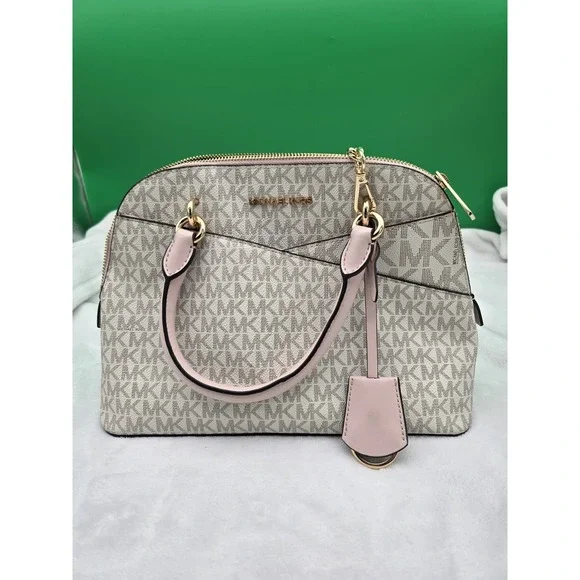 Michael Kors Med Saffiano Leather Dome Satchel Vanilla/Pink Crossbody - Picture 2 of 6
